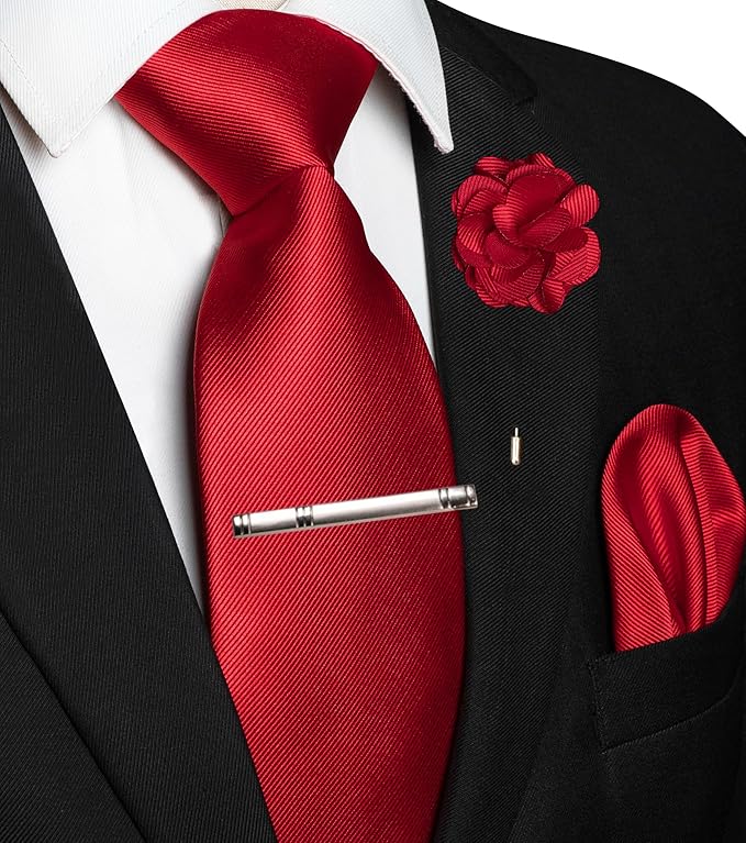 JEMYGINS Formal Necktie Solid Color Tie and Pocket Square with Tie Clip Lapel Pin Sets for Men 4PCS
