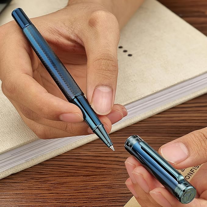 Electroplated Blue Rollerball Pen, Stunning Luxury Pen with Mesh Texture Design、Schmidt Ink Refill, Nice Gift Set for Men & Women, Business, Executive, Office, Fancy, Nice Fancy Designer Pens