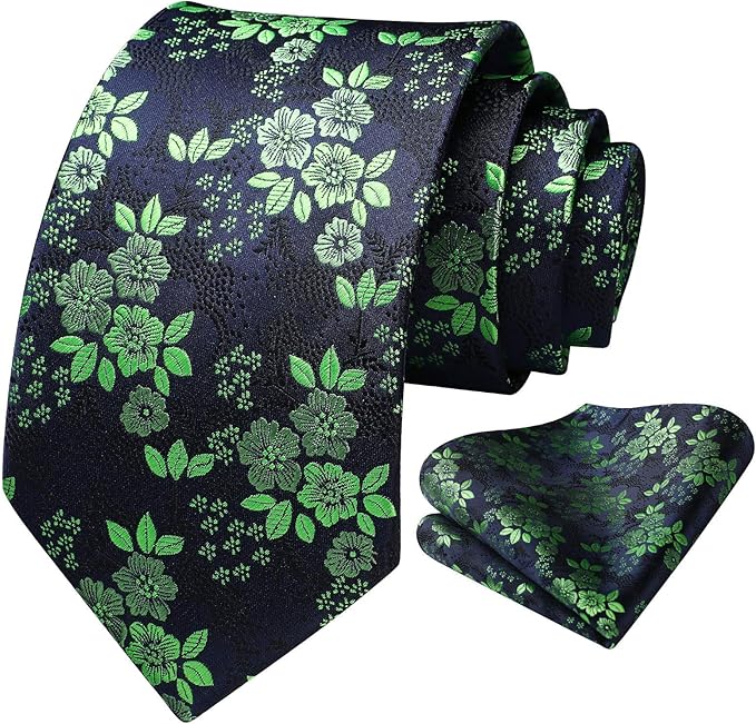 HISDERN Men Floral Ties Woven Classic 3.4" Necktie Set Formal Tie Pocket Square for Wedding with Handkerchief Gift Box