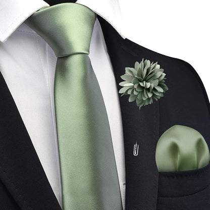 Branduce 3.15"（8cm） Pre-tied Adjustable Zipper Tie and Lapel Pin Solid Necktie Handkerchief Set for Men