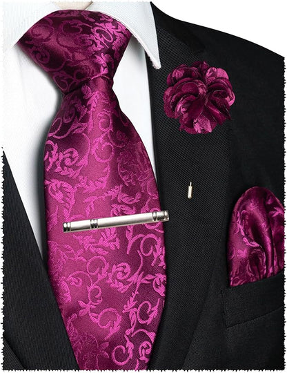 JEMYGINS Mens Floral Tie and Lapel Pin Necktie Pocket Square and Tie Clip with Sets for Business Casual 4PCS