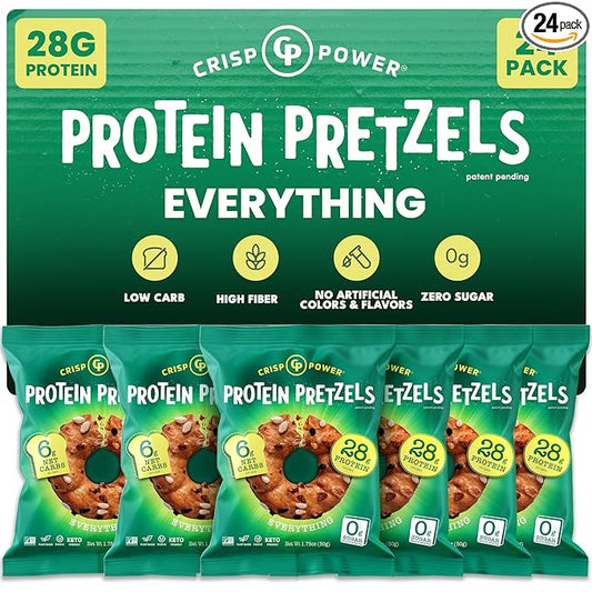 Crisp Power Protein Pretzels, Everything, High Protein Vegan Keto Snack, 28 G Plant Based Protein, Low Carb Crunchy Pretzel Snacks, No Added Sugar, No Seed Oils, 1.75 oz Bags, 24 Pack