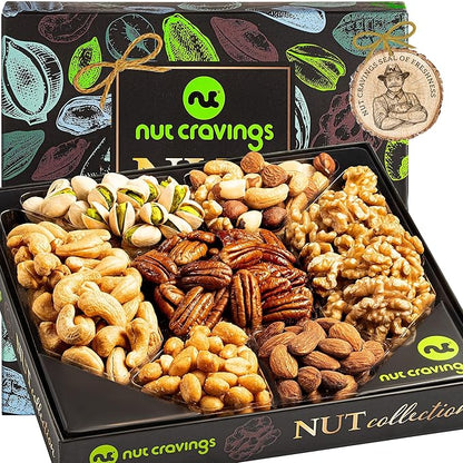 NUT CRAVINGS - Thanksgiving Nut Collection Gift Basket in Elegant Box (7 Assortments) Holiday Xmas Christmas Food Arrangement, Healthy Snack Care Package, Food Assortments