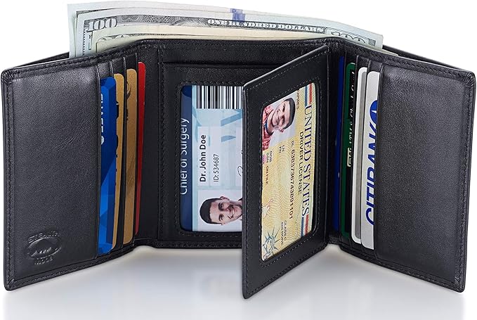 Stealth Mode Leather Trifold RFID Wallet For Men With Flip Out ID Holder (Black)