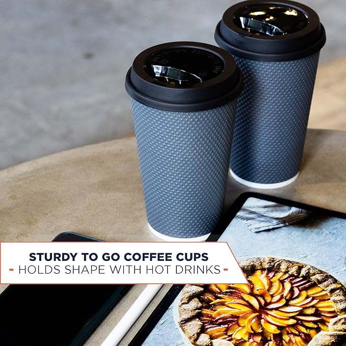 Disposable Coffee Cups With Lids - 12 oz Togo Coffee Cup With Lid (80 Set). Large To Go Travel Paper Hot Cups Insulated For Hot and Cold Beverage Drinks, No Sleeves Needed (Dusk Grey)