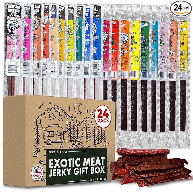 Buffalo Bob's Wild Game Meat Snacks Gift Box (24 pack) | Ultimate Exotic Snack Box | Multiple Wild Game Beef Sticks | Jerky Variety Pack for Anniversary, Camping, Hunting & Birthday Gifts for Men