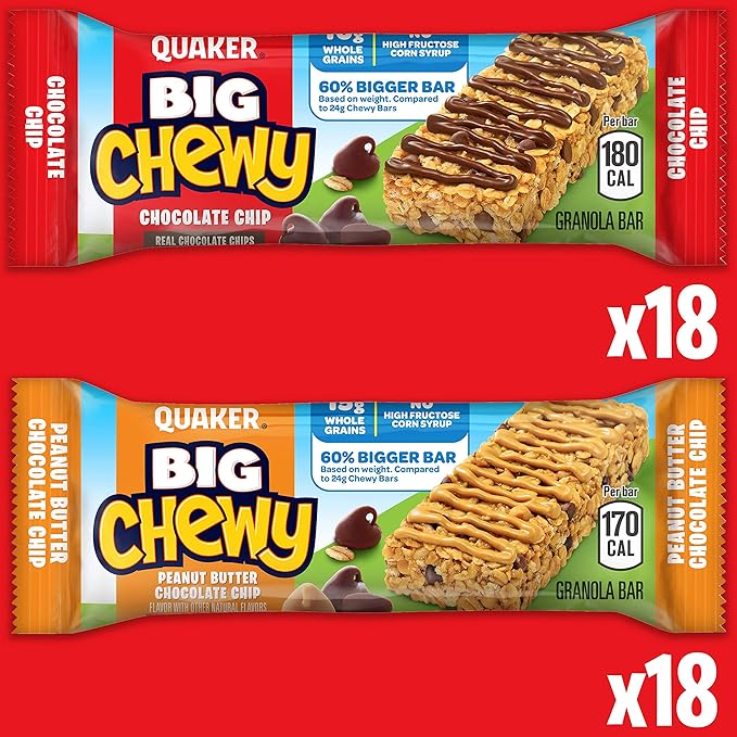 Quaker Big Chewy Granola Bars, 60% Larger, 2 Flavor Variety Pack, 36 Count (Pack of 1)