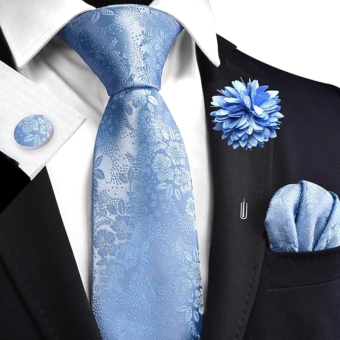 GUSLESON 3.15"（8cm） Mens Floral Tie and Lapel Pin Necktie Hankerchief Cufflinks Set for Men