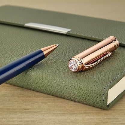 Luxury Gel Pen, Top Set With 8mm Brilliant Diamond,Stunning Blue Pen Body,Attractive Rose Real Gold Finish, Black Refill,Elegant Gift Pen For Women, Executive, Fancy, Spark, Nice Pens