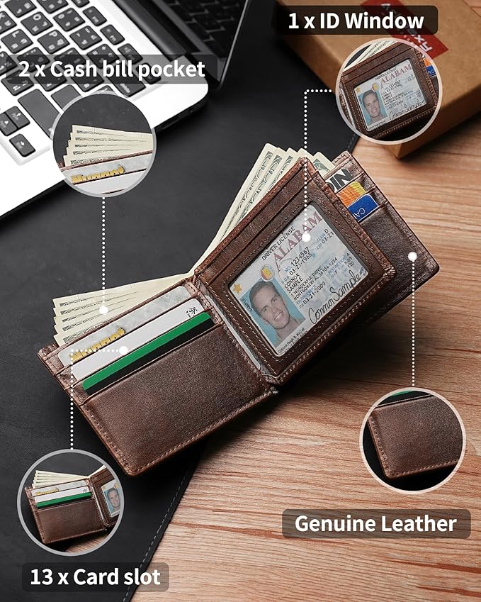 Mens Wallet Bifold Genuine Leather RFID Blocking Wallet for Men with 1 ID Window 13 Card Holders 2 cash pockets 1 Gift Box