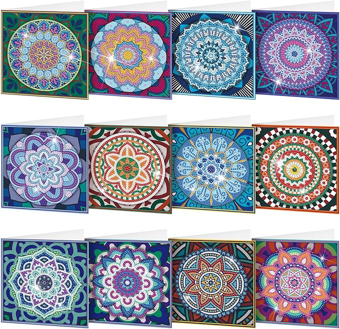 Saillong 12 Pack Mandala Diamond Painting Greeting Card Kits DIY Diamond Art Cards with Envelopes Flower 5D Rhinestones Painting Kits for Adults DIY Crafts Family Friend Birthday Gifts