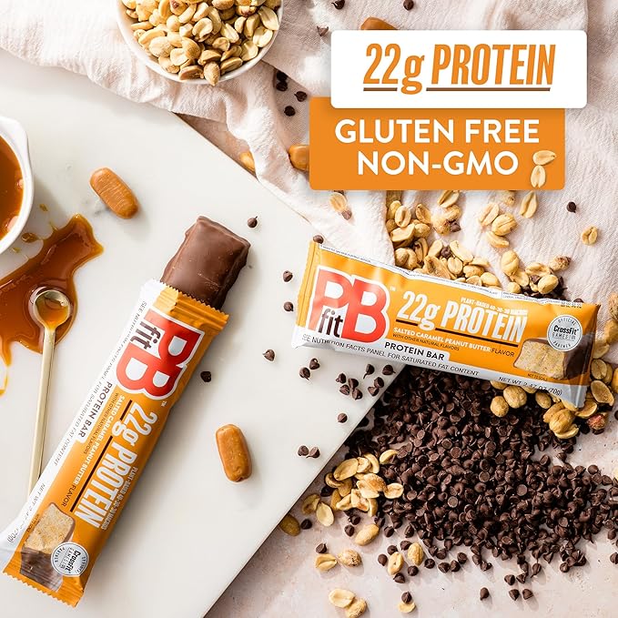 PBfit Salted Caramel Peanut Butter Protein Bars, 22g Protein, Gluten Free, Vegan, Plant-Based 40-30-30 Macros, 2.47 Oz (Pack of 12)