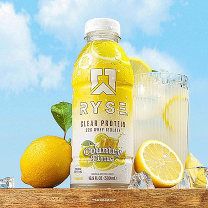 RYSE Clear Protein Drink - Country Time Lemonade - 100 Calories, 22g Whey Isolate Protein Shake, Sugar-Free, 0g Fat & Lactose-Free - Refreshing Ready-to-Drink Beverage - 16.9 fl oz Bottles (12-Pack)