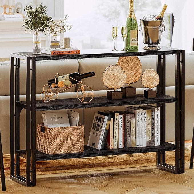 IRONCK Bookshelf Industrial 3 Shelf Bookcase, Wood Storage Shelf with Metal Frame for Living Room, Black