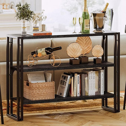 IRONCK Bookshelf Industrial 3 Shelf Bookcase, Wood Storage Shelf with Metal Frame for Living Room, Black
