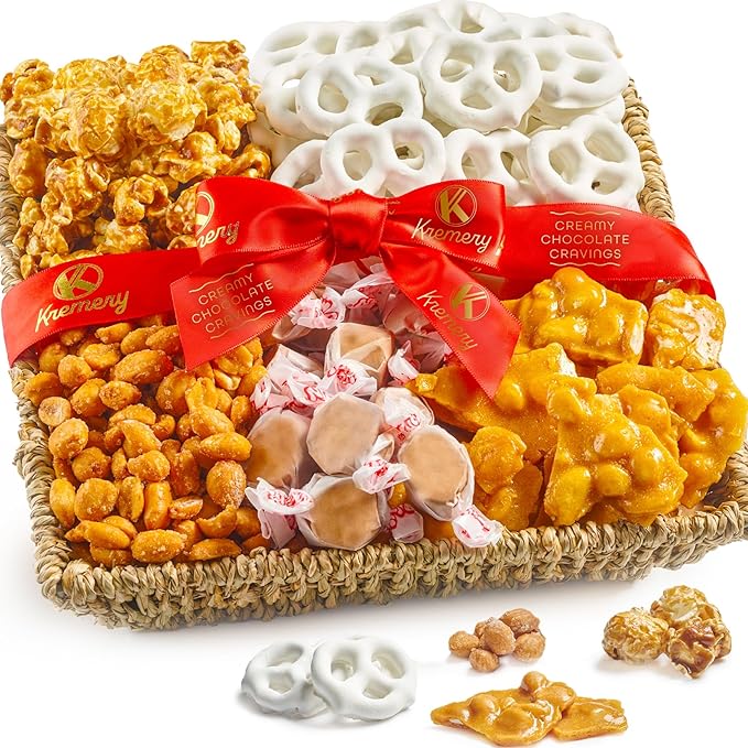 KREMERY Creamy Chocolate Cravings - Thanksgiving Chocolate Covered Pretzels & Caramel Popcorn Gift Basket, in Seagrass Tray + Ribbon (Classic, 1.5 lbs) Holiday Xmas Christmas