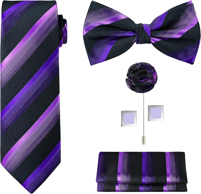 TIE G 5pcs Tie Set in WHITE OR BLACK GIFT BOX: Solid Color Necktie, Satin Bow Tie, Pocket Square, Lapel, Cuff Links