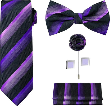 TIE G 5pcs Tie Set in WHITE OR BLACK GIFT BOX: Solid Color Necktie, Satin Bow Tie, Pocket Square, Lapel, Cuff Links