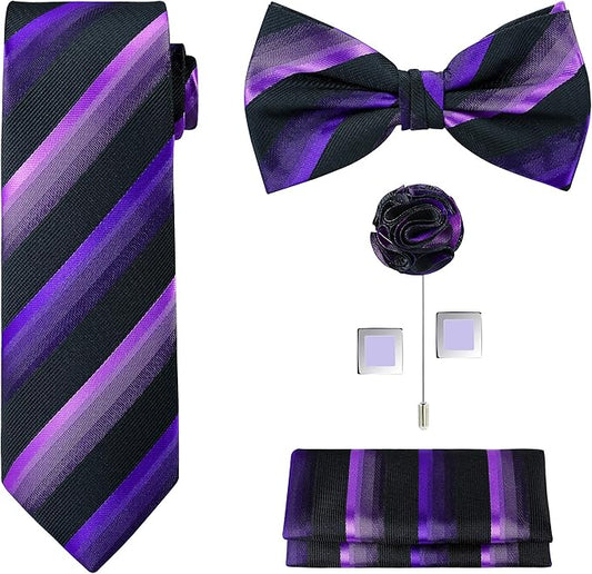 TIE G 5pcs Tie Set in WHITE OR BLACK GIFT BOX: Solid Color Necktie, Satin Bow Tie, Pocket Square, Lapel, Cuff Links