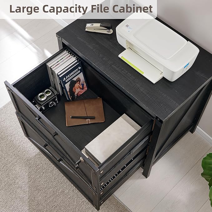 JXQTLINGMU 2 Drawer Farmhouse File Cabinet, Lateral Filing Cabinet with Lock for Home Office, Compatible Legal Letter A4 F4 Size, Black