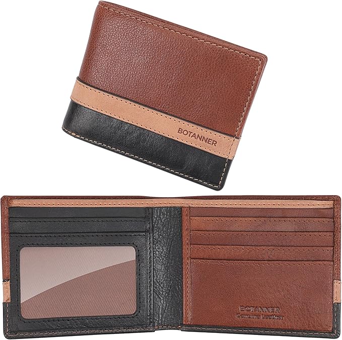 Genuine Leather Mens Bifold Wallet RFID Blocking 5 Credit Card Slots 1 ID Window 2 Sections for Bills 2 Additional Slots | Tan/Camel/Black