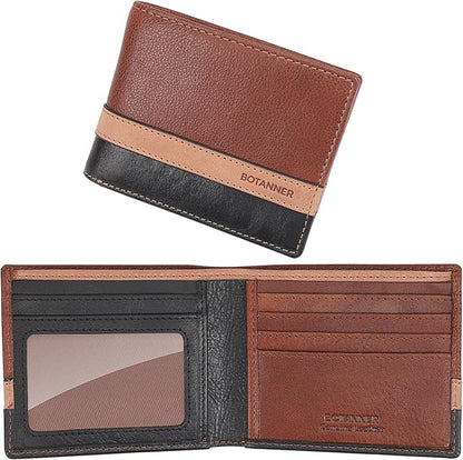 Genuine Leather Mens Bifold Wallet RFID Blocking 5 Credit Card Slots 1 ID Window 2 Sections for Bills 2 Additional Slots | Tan/Camel/Black