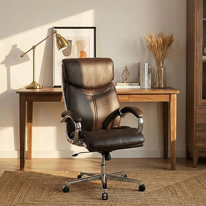 COLAMY Marcus Executive PU Leather Office Chair, High-Back Home Desk Chair Padded Seat & Back, Smooth-Rolling Casters – Luxury Ergonomic Desk Chair for Professional Workspaces (Brown)