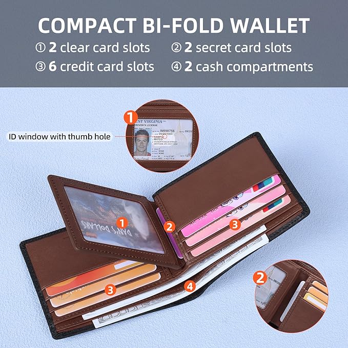 VISOUL Leather Mens Bifold RFID Blocking Wallet with 2 ID Windows, Leather Wallet for Men (Carbon Fiber, Black+Brown)