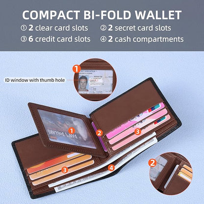 VISOUL Leather Mens Bifold RFID Blocking Wallet with 2 ID Windows, Leather Wallet for Men (Carbon Fiber, Black+Brown)