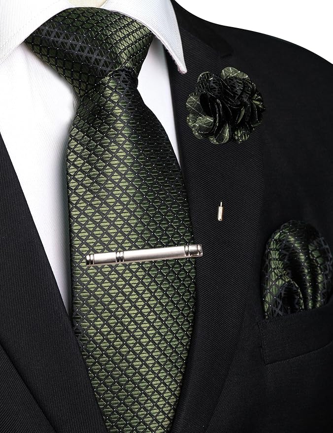 JEMYGINS Mens Solid Color Plaid Tie and Lapel Pin Necktie Pocket Square and Tie Clip with Sets for Business Casual 4PCS