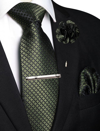 JEMYGINS Mens Solid Color Plaid Tie and Lapel Pin Necktie Pocket Square and Tie Clip with Sets for Business Casual 4PCS