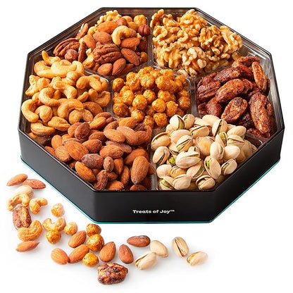 Oh! Nuts Gift Basket 7 Section Assorted Gift Tin Box - Gourmet 7 Variety Fresh Roasted Nuts - Healthy Snacks for Birthday, Anniversary, Family Party, Movie Night - for Men & Women