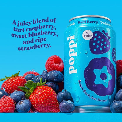 POPPI 12oz Sparkling Prebiotic Soda, Beverages w/Apple Cider Vinegar, Seltzer Water & Fruit Juice, Wild Berry, (12 Pack)