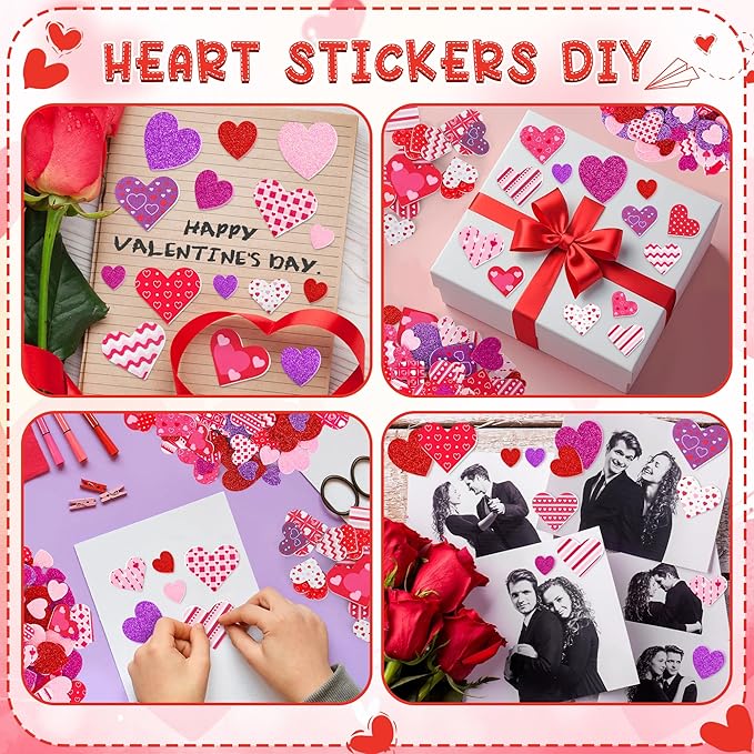 200 PCS Valentines Stickers for Kids, Glitter Foam Heart Stickers, Self-Adhesive Valentines Crafts, Polka Dots Heart Foam Stickers Red Pink Purple Foam Valentine Stickers Scrapbook Card Present DIY