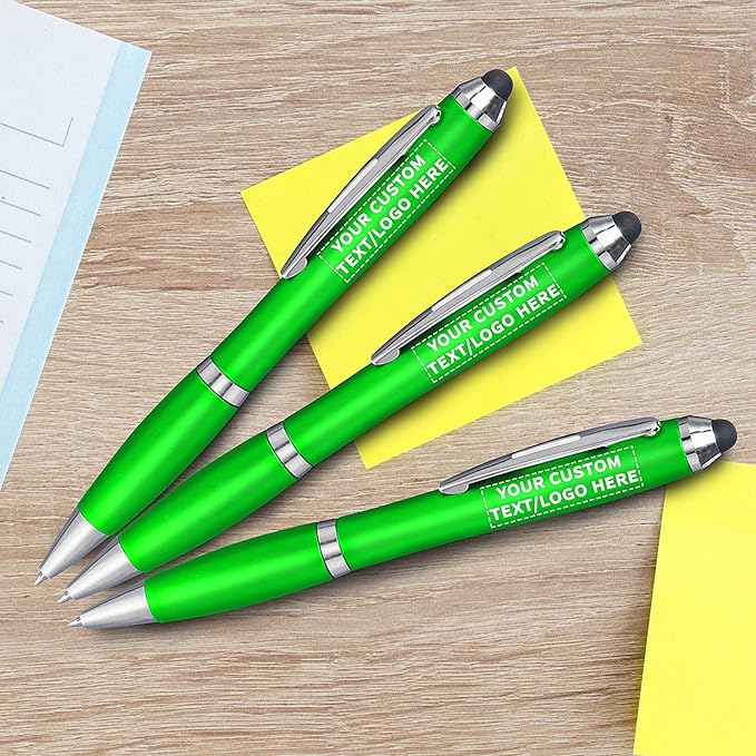 DISCOUNT PROMOS Custom Plastic Stylus Pens Set of 10, Personalized Bulk Pack - Black Ink, Great for Office, School, Business, Tradeshows, Events - Green