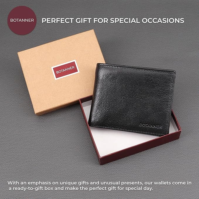 Genuine Leather Bifold Mens Slim Wallet RFID Blocking with 8 Credit Card Slots 2 Sections for Bills 2 Additional Slots | For Him (Black)