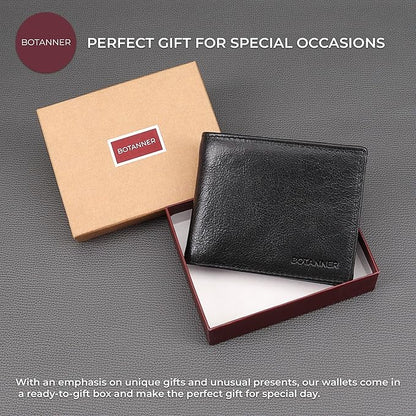 Genuine Leather Bifold Mens Slim Wallet RFID Blocking with 8 Credit Card Slots 2 Sections for Bills 2 Additional Slots | For Him (Black)