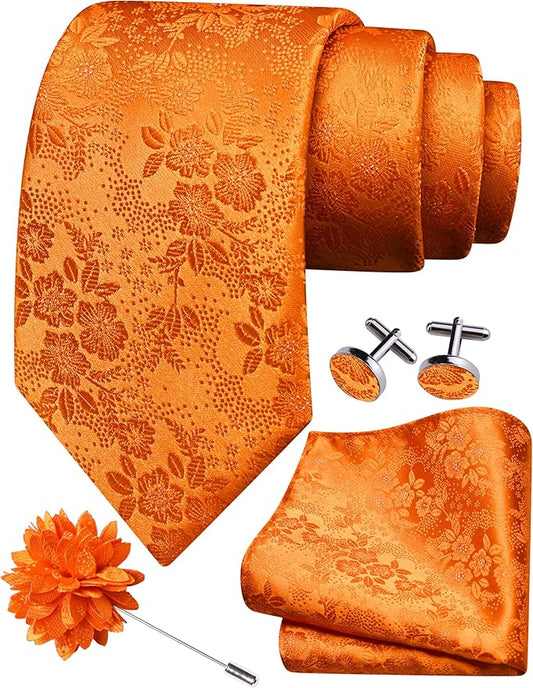GUSLESON 3.15"（8cm） Mens Floral Tie and Lapel Pin Necktie Hankerchief Cufflinks Set for Men