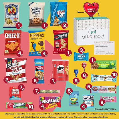 Gift A Snack - Halloween Trick or Treats Snack Box Variety Pack Care Package + Greeting Card (100 Count) Birthday Sweet Treats Gift Basket, Candies Chips Crackers Bars, Office Food Assortments