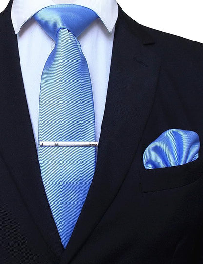 JEMYGINS Solid Color Formal Necktie and Pocket Square Tie Clip Sets for Men