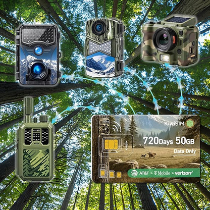 4G LTE Data SIM Card 50GB - 2 Years for Trail Camera & Security Camera, SIM Card for Wildlife Cameras, 3-in-1 SIM Kit with AT&T/T-Mobile/Verizon Coverage, No Contract & Auto Network Switching