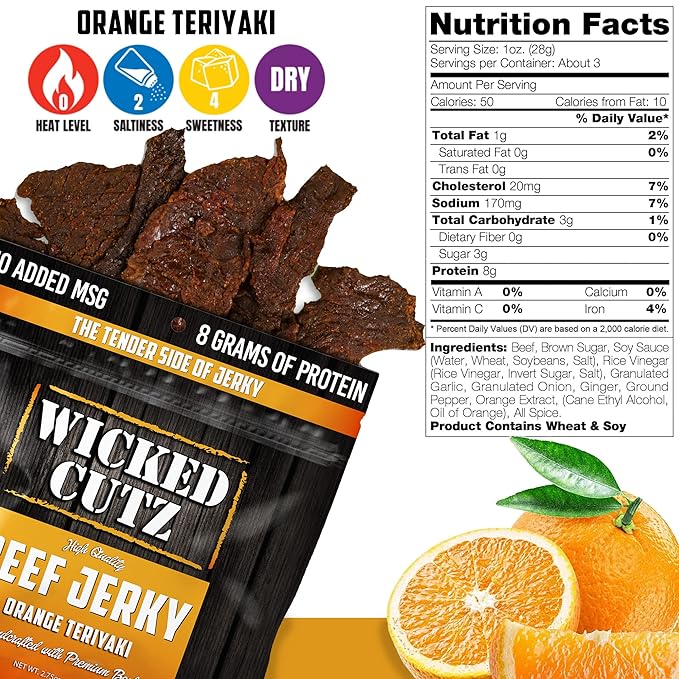 Wicked Cutz Orange Teriyaki Beef Jerky, 24g Protein Per Bag, Tender & Easy to Chew Alternative to Teriyaki Beef Sticks, USA Made High Protein Carnivore Snacks (2 Bags)