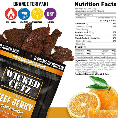 Wicked Cutz Orange Teriyaki Beef Jerky, 24g Protein Per Bag, Tender & Easy to Chew Alternative to Teriyaki Beef Sticks, USA Made High Protein Carnivore Snacks (2 Bags)
