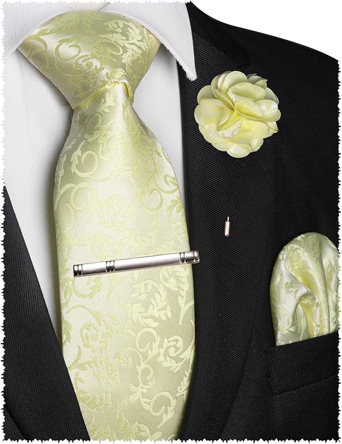JEMYGINS Mens Floral Tie and Lapel Pin Necktie Pocket Square and Tie Clip with Sets for Business Casual 4PCS