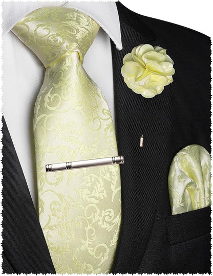 JEMYGINS Mens Floral Tie and Lapel Pin Necktie Pocket Square and Tie Clip with Sets for Business Casual 4PCS