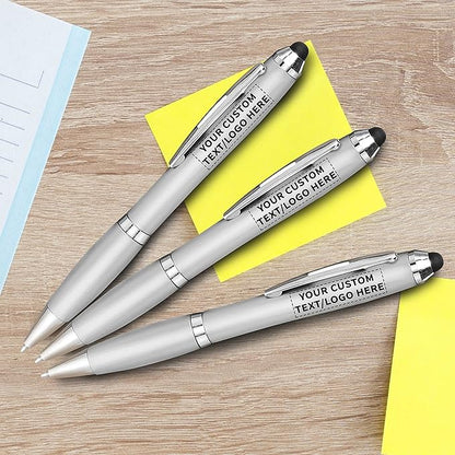 DISCOUNT PROMOS Custom Plastic Stylus Pens Set of 100, Personalized Bulk Pack - Black Ink, Great for Office, School, Business, Tradeshows, Events - Silver