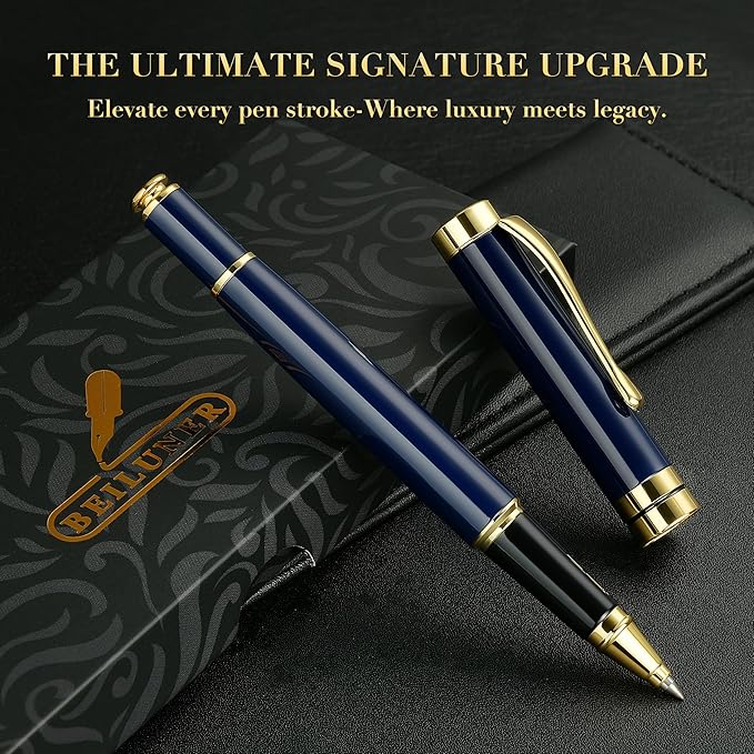 BEILUNER Ballpoint Pens, Stunning Blue Chrome Metal Pen with Golden Trim, Best Ball Pen Gift Set for Men & Women, Graduation, Executive, Office, Nice Office-Gift Box with 0.5mm Black Extra Refill