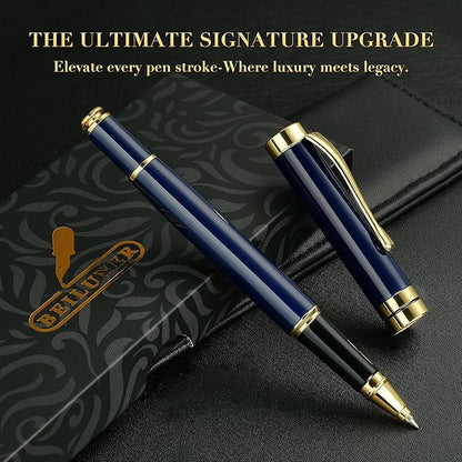 BEILUNER Ballpoint Pens, Stunning Blue Chrome Metal Pen with Golden Trim, Best Ball Pen Gift Set for Men & Women, Graduation, Executive, Office, Nice Office-Gift Box with 0.5mm Black Extra Refill