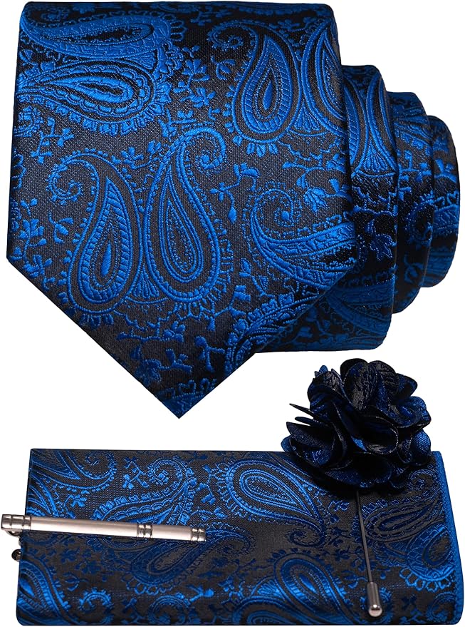 JEMYGINS Mens Paisley Tie and Lapel Pin Necktie Pocket Square and Tie Clip with Sets for Business Casual 4PCS