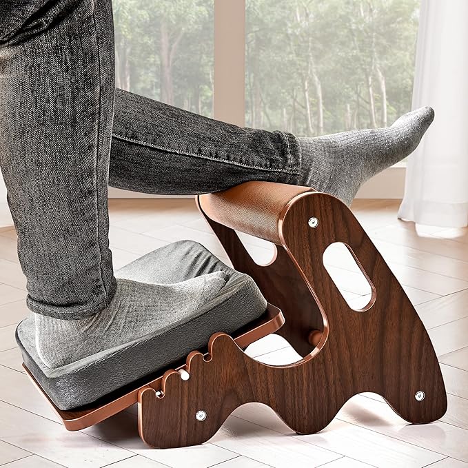 Foot Rest for Under Desk at Work- Adjustable Rocking Foot Stool with 3 Height Position and Soft Crossbar, Ergonomic Wooden Footrest with Soft Sponge Pad for Home, Office